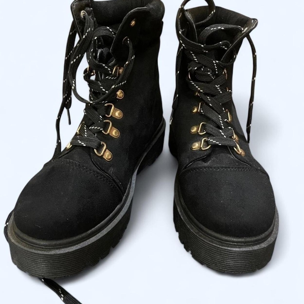 Black Lace-Up Boots with Gold Eyelets